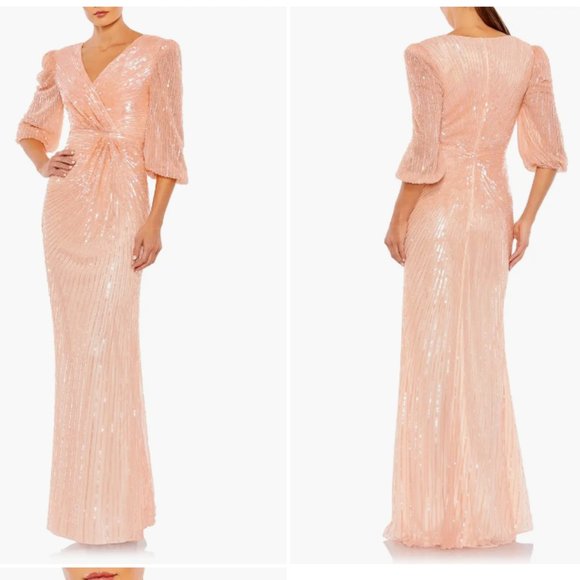 MAC DUGGAL 5614 SEQUINED FAUX WRAP PUFF SLEEVE MAXI PEACH GOWN sz 12 - Picture 1 of 3